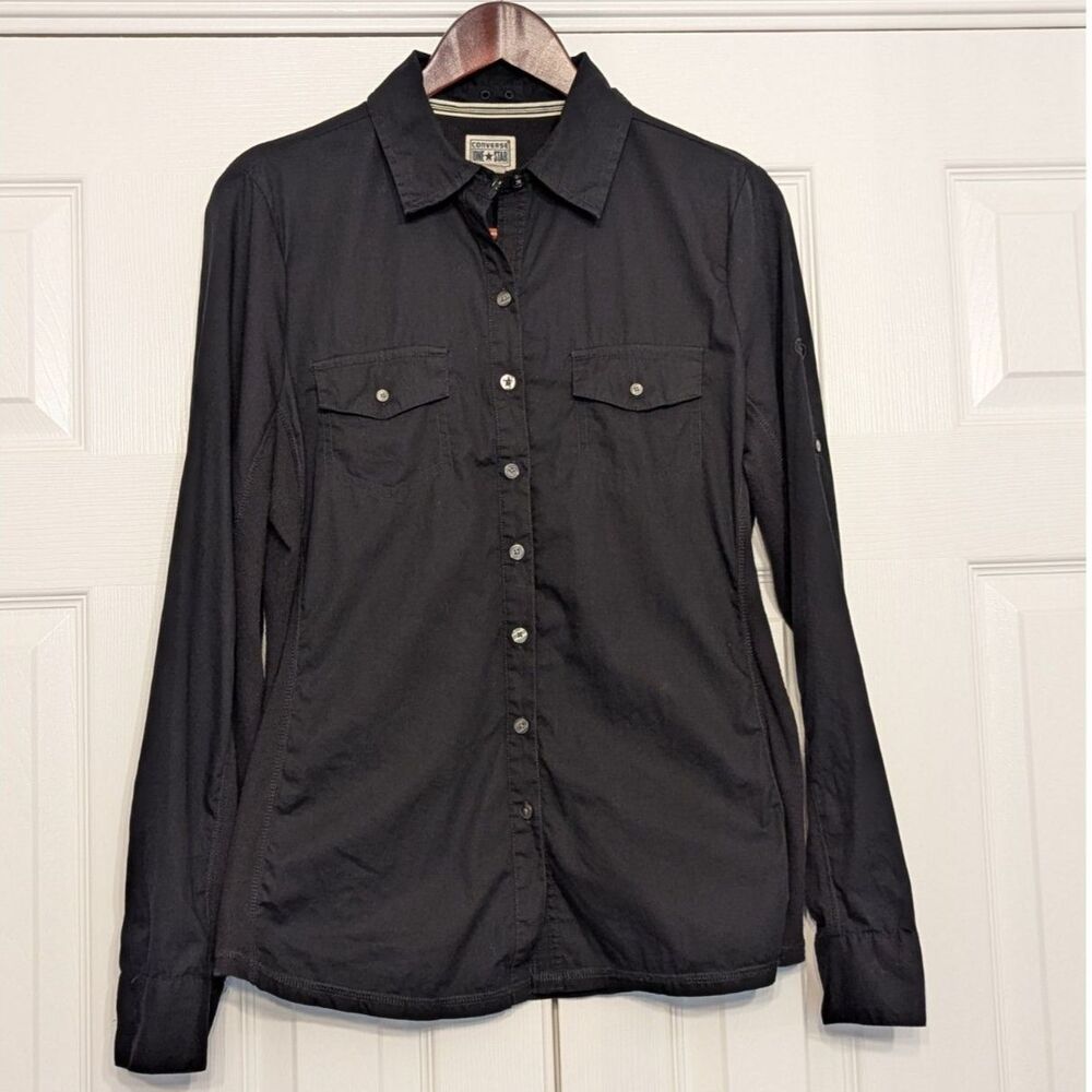 Converse One Star Black Utility Button Down Shirt Ribbed Sides Women's Sz Large